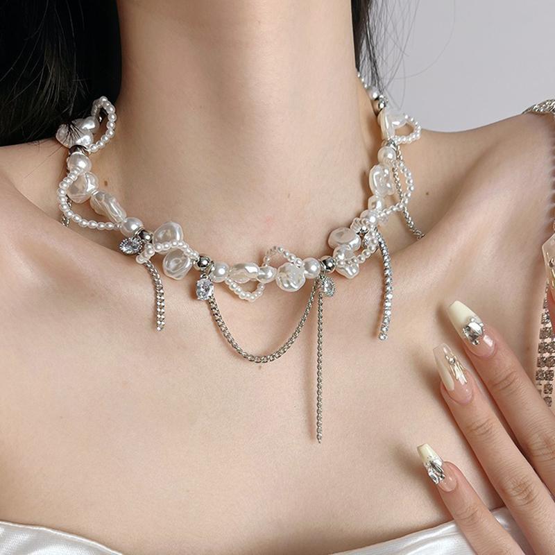 1 PZ Collana Irregolare Imitazione Perla Choker Avvolgente Donna Dolci Perline Catena Collo Strass Lusso Leggero Gioielli da Festa di Alta Gamma