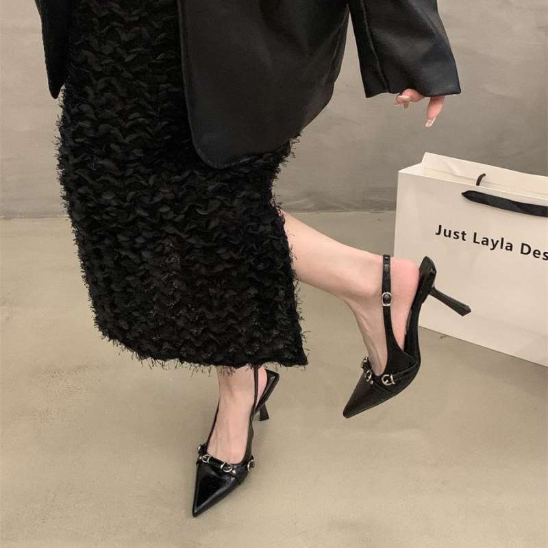 

French pointed black high heels bag head sandals fairy shoes 2025 new spring and summer with skirt high heels 77 чёрный