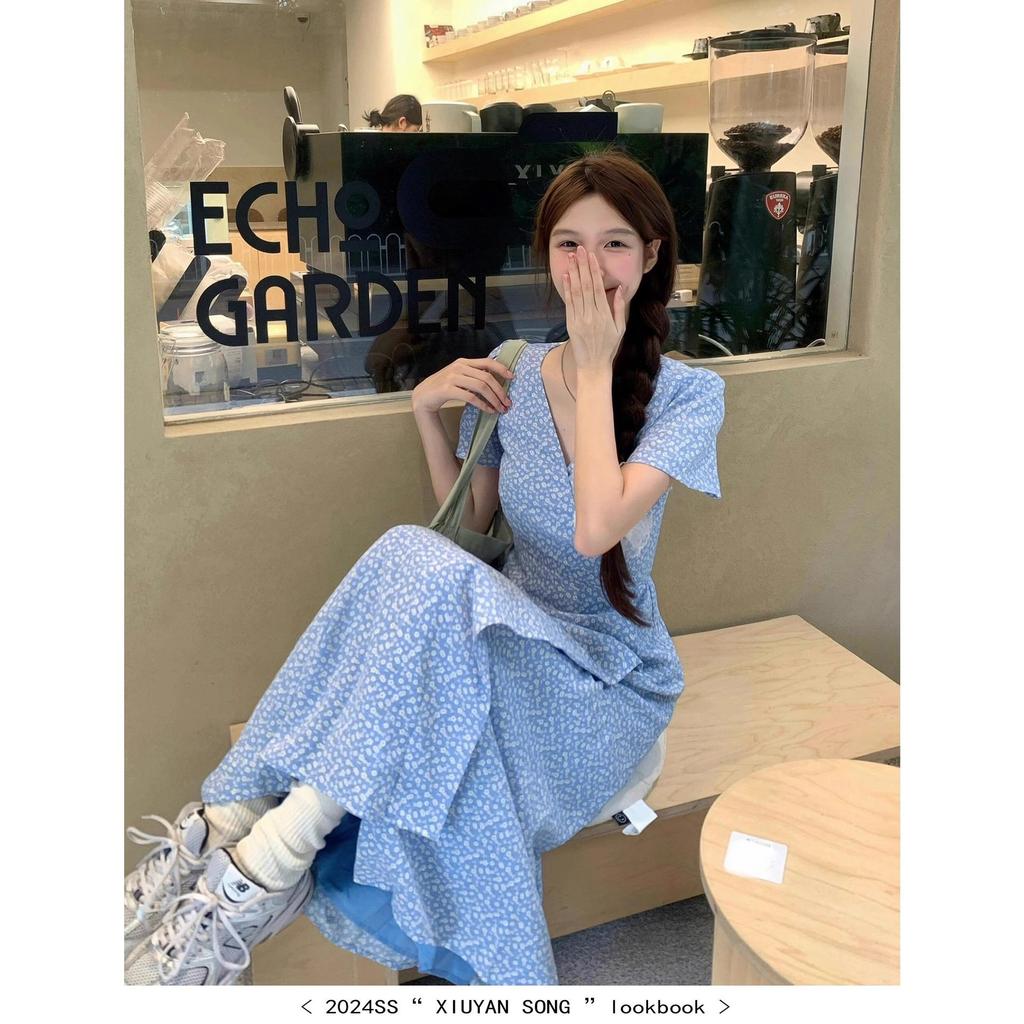 2024 Summer Women's Korean Blue Floral V-Neck Short-Sleeve Maxi Dress