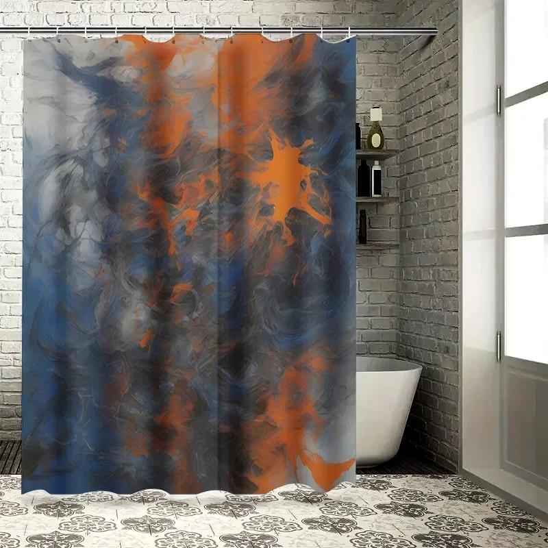 Luxury Blue Orange Watercolor Print Bathroom Shower Curtain Fabric Waterproof Home Decor DIY Project Decoration Ideas