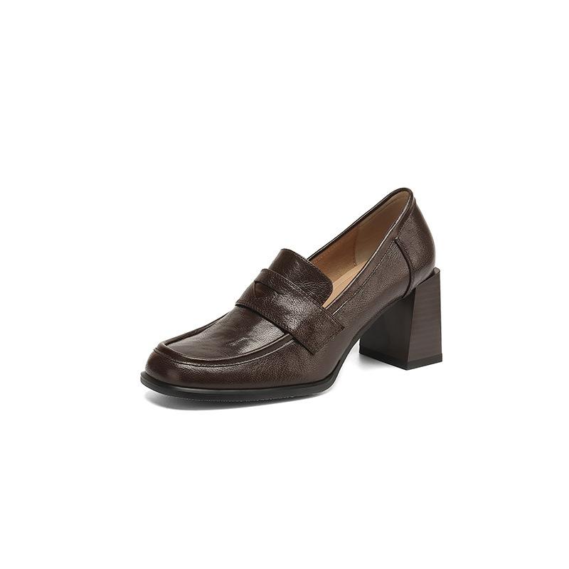 New four-season wear women's small leather shoes comfortable large size single shoes women's black high heels leather square heel thick sole non-slip