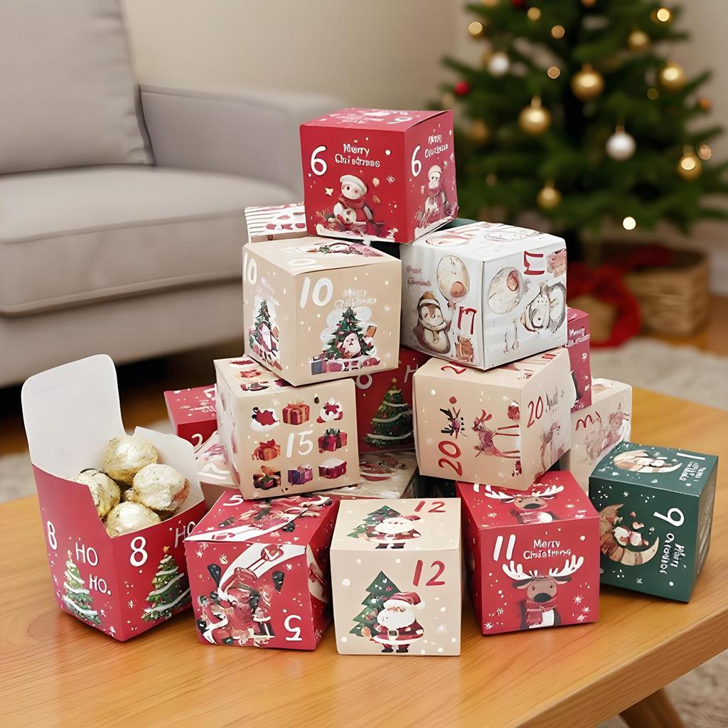24-Day Empty Christmas Countdown Box Set Numbered Fillable Containers for Candy Chocolate Winter Holiday Decoration Organizer
