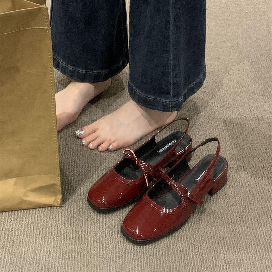 Temperament Bag Head Sandals Women's Shoes Spring and Summer 2025 New Thick Heel Patent Leather Red Bow Light Mouth Cool Single Shoes