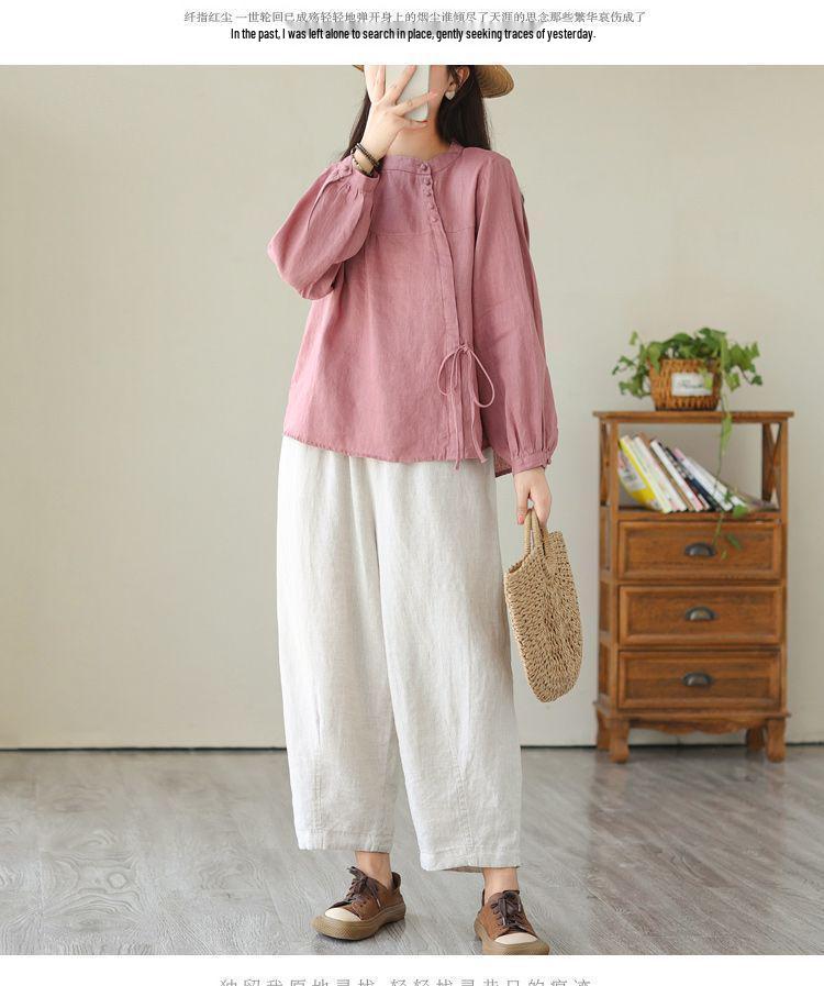 Jesienna Bawełniano-Lniana Koszulka z Długim Rękawem: Literacki, Retro, Odchudzający, Luksusowy Damski Top.