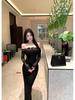 French Retro One-Shoulder Lace Long Sleeve Elegant Black Bodycon Dress