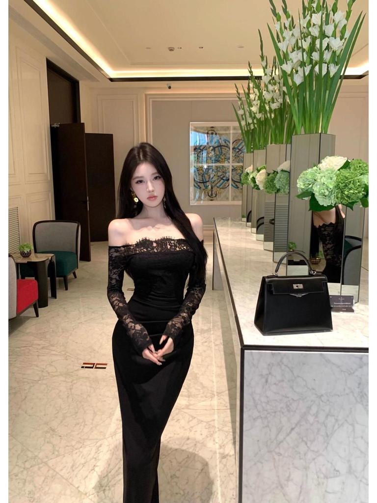 French Retro One-Shoulder Lace Long Sleeve Elegant Black Bodycon Dress