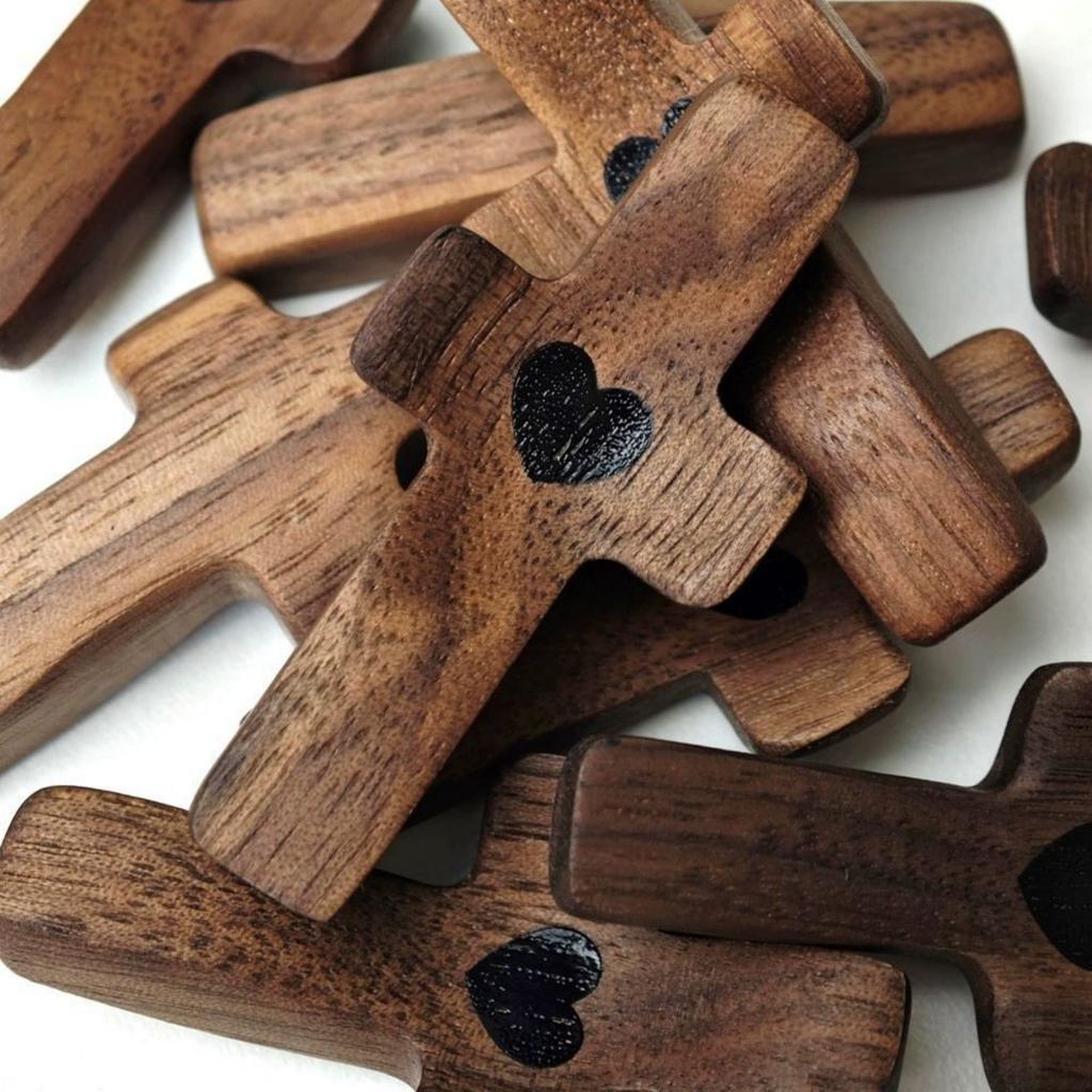 Handcrafted Wooden Cross Pocket Tokens with Heart Design for Comfort and Reflection Set of 10 Pieces for Daily Use