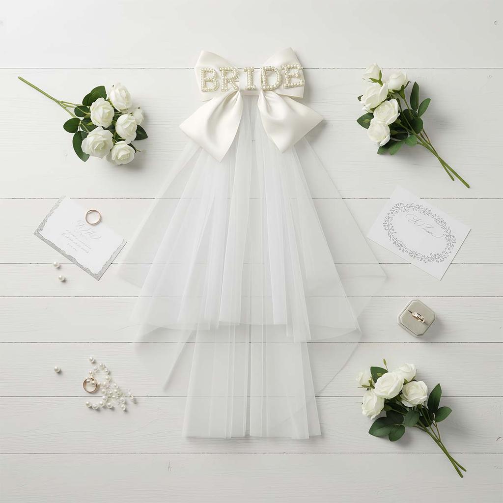 White Bow Bridal Veil, Bride Veils Hair Decorations for Women Wedding Bridal Shower Bachelorette Party