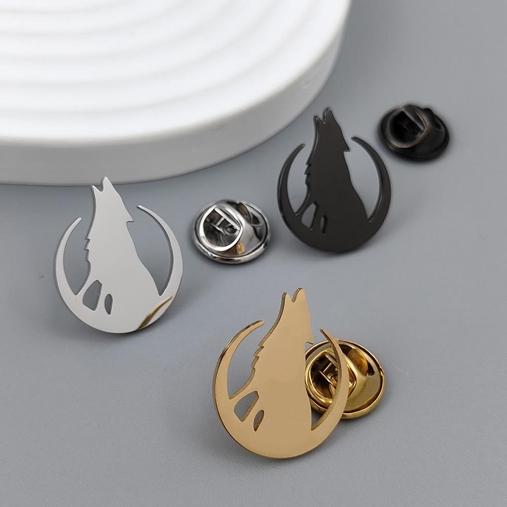 Moon Wolf Howl Gold-plated Badge, Women's Anti-exposure Buttons, Suit Lapel Pin, Collar Brooch, Formal Accessories