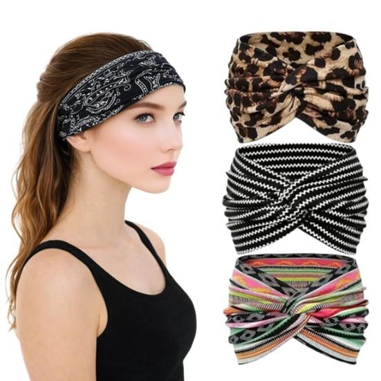 1/3Pcs Crossover Yoga Headband Boho Style Wide Tie-Dye Leopard Paisley Print Hairband Women Non-Slip Elastic Headband