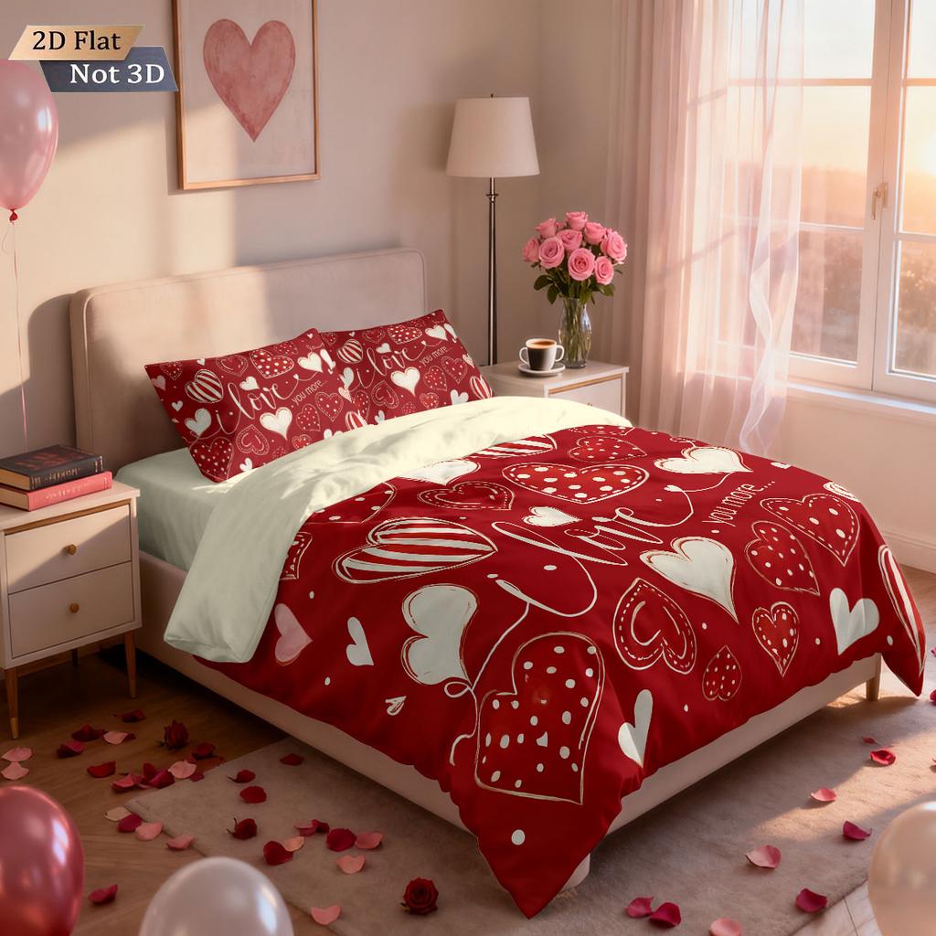 3 delar Alla hjärtans dag Romantiskt Rött Kärlekstryckt Flisfritt Täcke Set Flera Storlekar Sovrum Sängkläder Semesterdekoration Maskintvättbar
