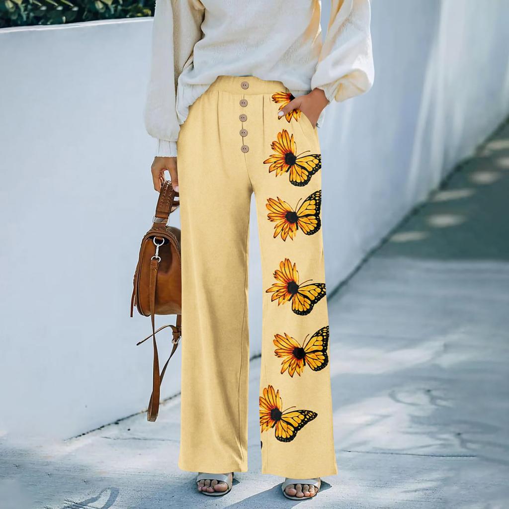 Women’s Summer Loose Fit Floral Print Wide Leg Pants Stretch Waistband Button Front with Pockets Casual Lightweight Trousers for Daily Wear
