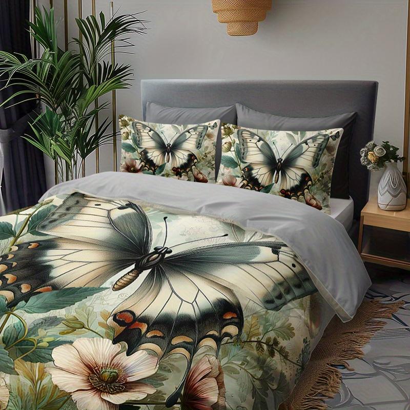 3Pcs Elegant Butterfly Floral Bedding Duvet Cover Set Botanical Butterfly Bedding Quilt Set Vintage Butterfly Themed Bed
