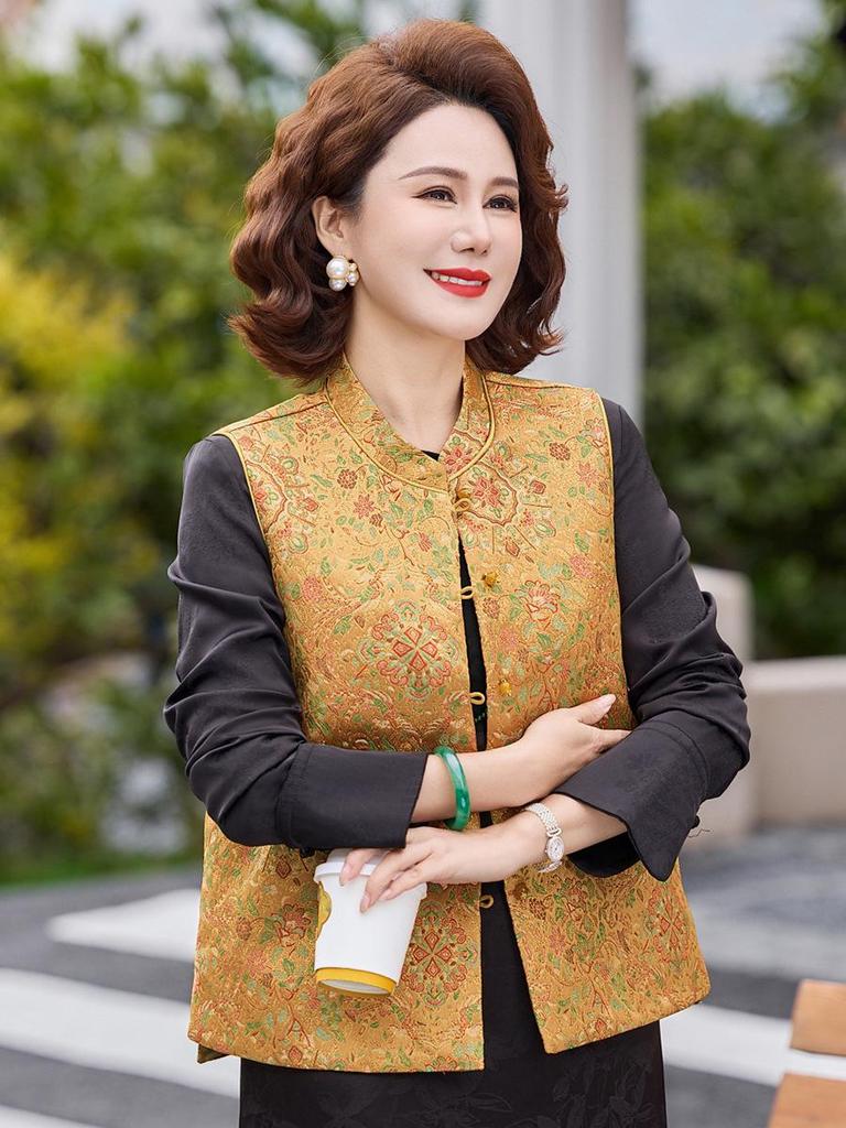 Spring Chinese Style Sleeveless Vest for Petite Middle-aged and Elderly Women