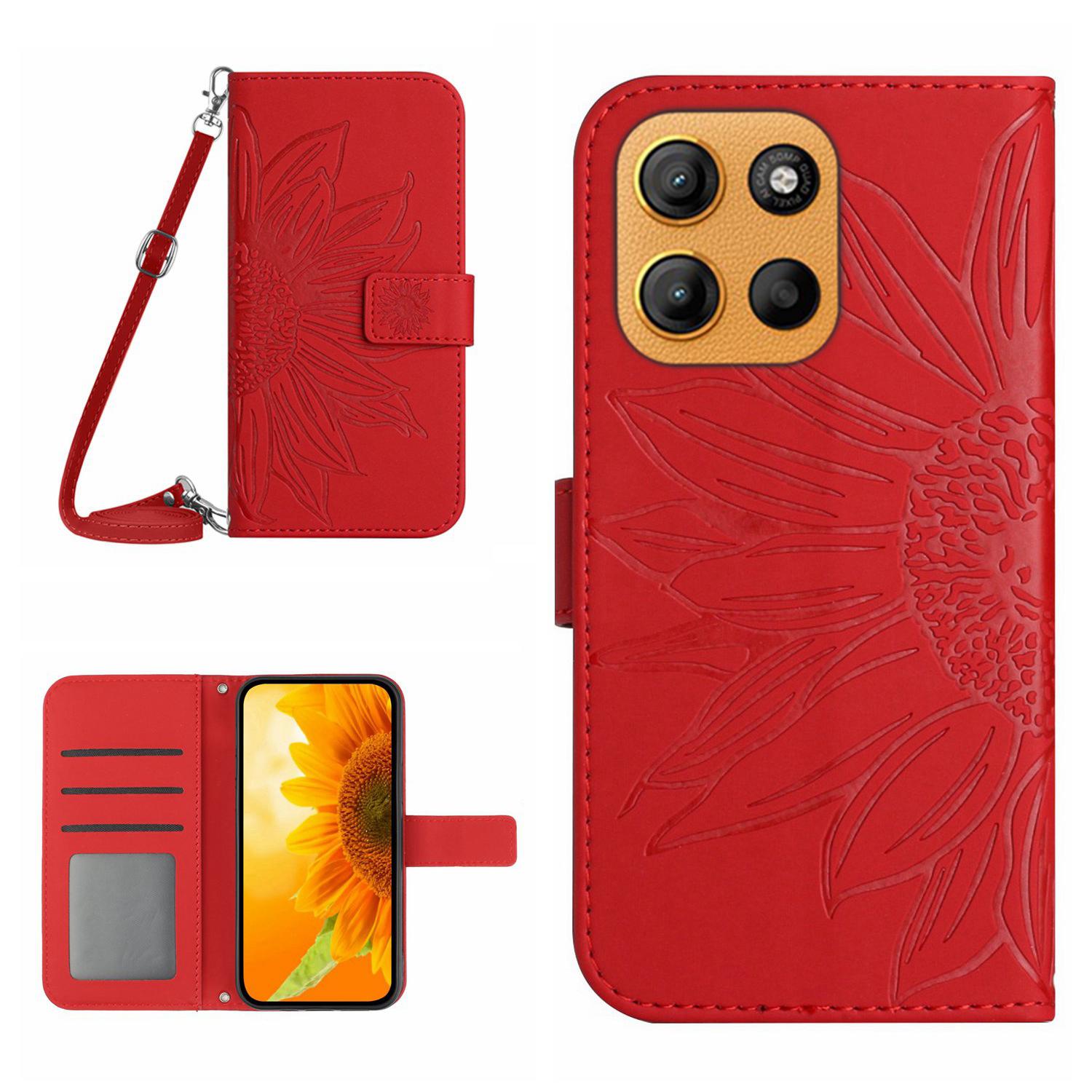 

For Motorola Moto G15 4G Case Sunflower Imprint PU Leather Phone Cover with Long Strap Red