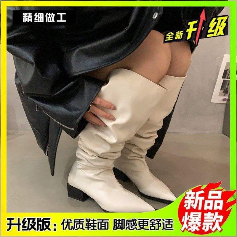 Thick heel pleated long knight boots women's 2025 autumn and winter new knee two wear western cowboy knee boots shoes