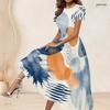 Women Plus Size Round Neck Short Sleeve White Abstract Printed Cutout Waist A Line Long Dress