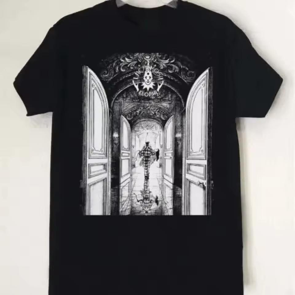 Lacrimosa Elodia Mens Gothic Bohemian Graphic Print T-Shirt Black White Design Short Sleeve Round Neck Casual Top