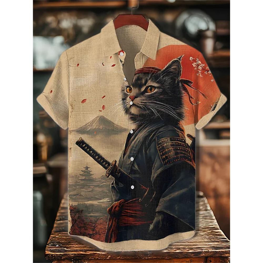 Herren Kurzarmhemd mit Samurai-Katzen-Showdown-Print, Lässiges Hemd mit Kragen, Trendiges Design, Lockerer Schnitt, Einzigartiger Stil, Schnelle Lieferung