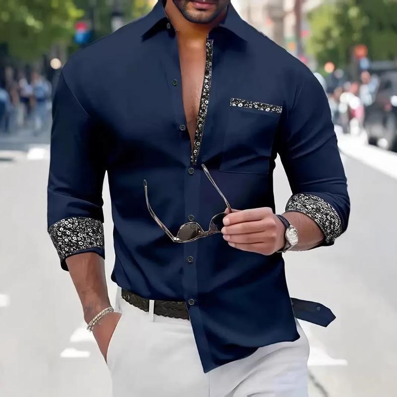 

Men Long Sleeve Solid Color Shirt With Floral Trim Casual Button Down Top S