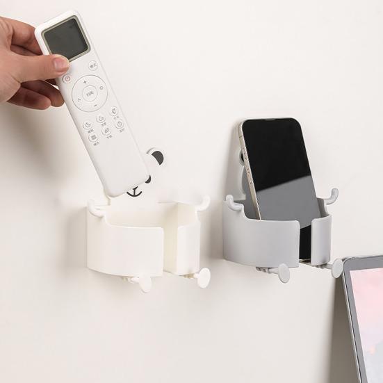 Nachttisch-Telefon-Ladespeicher-Halterung, Wandmontage, selbstklebend, stanzfrei, rutschfest, Cartoon-Bärenform mit mehreren Haken, Telefonhalter-Organizer