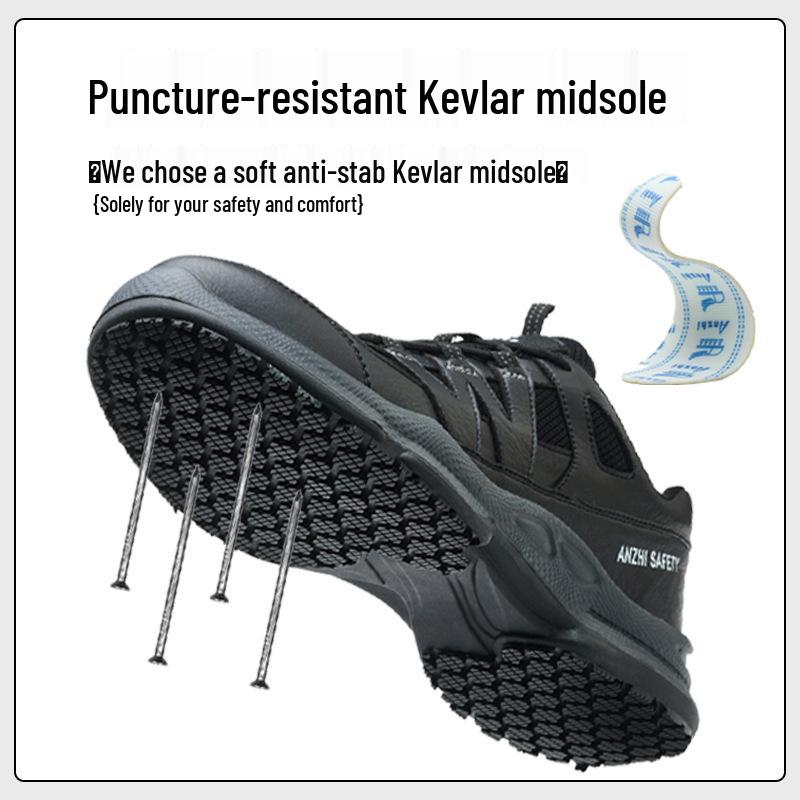 Anzhi Men's Black Low-Top Safety Shoes: Anti-Smash, Anti-Puncture, Breathable, Non-Slip, Wear-Resistant for Summer Construction.