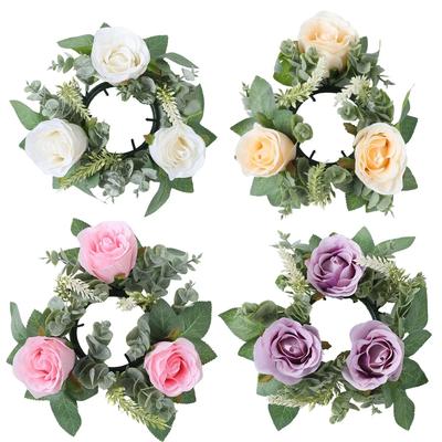 2025 Hot Flower Candlestick Wreath Wedding Party Decoration Artificial Roses Birthday Banquet Decoration Candle Ring Wedding Cen
