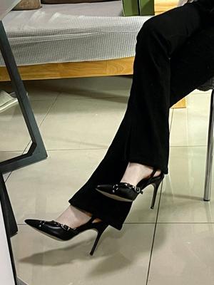 Black Rivet High Heels Women's Stiletto 2025 New Bed Sexy Large Size One Word with Pointed Hollow Shoes