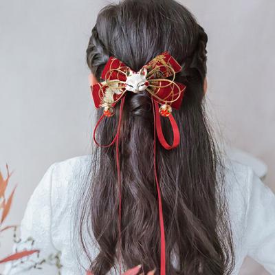 Red Bow Hairpin with Tassels Fox Decor Long Ribbon Chinese New Year Celebrations Style Cartoon Hair Accessory
