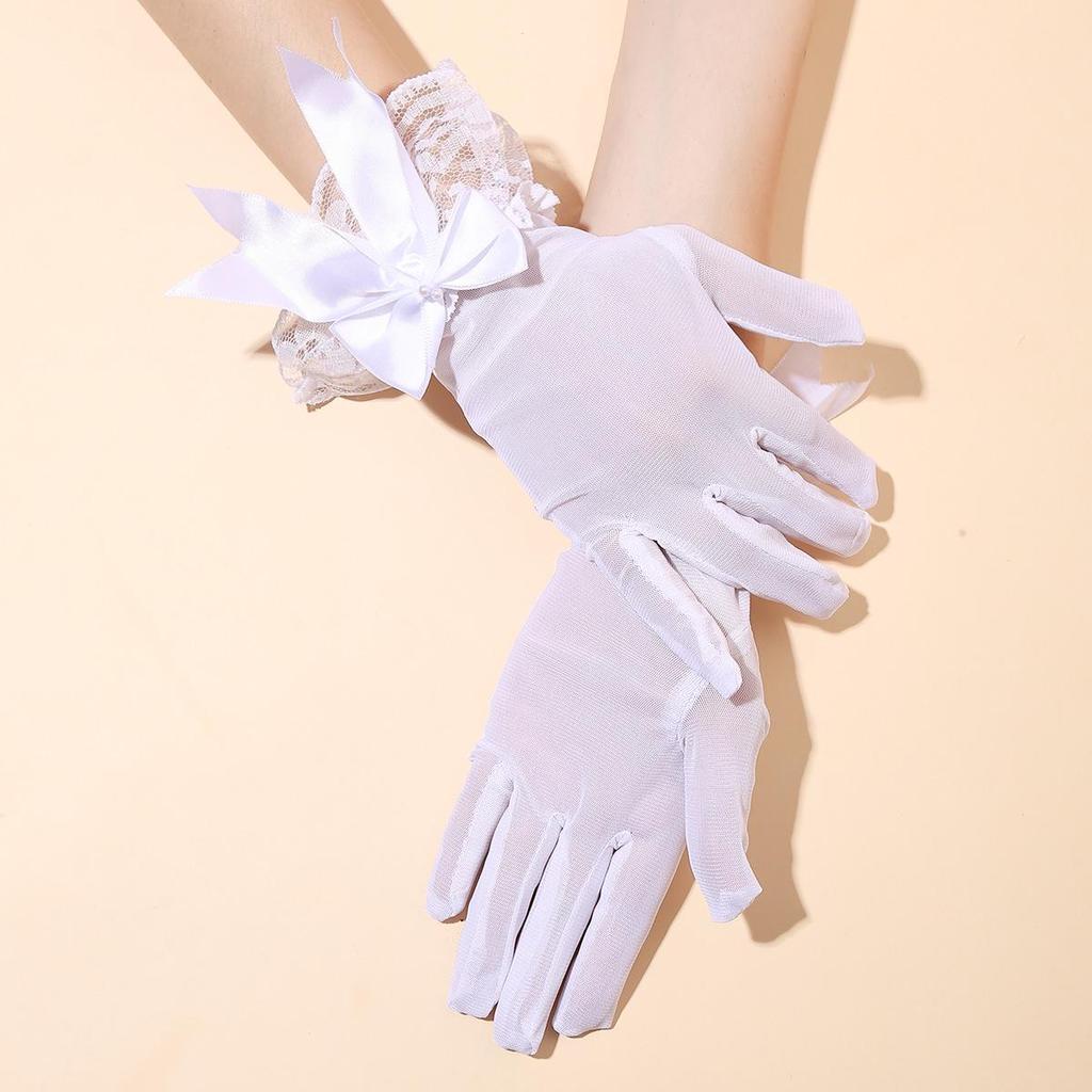 Bridal Wedding Dress Gloves - Women's Short Black Mesh with Lace Trim and Bow