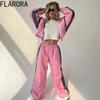 FLARORA Mode Color-Blocking 2-teilige Sets Damen Langarm Reißverschluss Lockere Jacken und Gerade Bein Hosen Outfits Street Trainingsanzüge