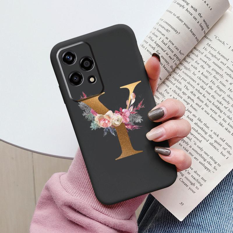 Gold Letter Case For Honor 200 Pro Lite Smart Black Shell Soft Cover For Honor 200Lite Protector Shockproof Funda Pink Flower