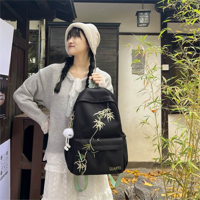 Schoolbag National Style School Bag Female College Student Simple Solid Color Bamboo Computer Backpack Lightweight Large Capacity Junior High School