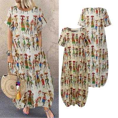 Summer Women's Loose Cocoon Shaped Long Dresses Ethnic Style Printed Plus Size Short Sleeved Dress