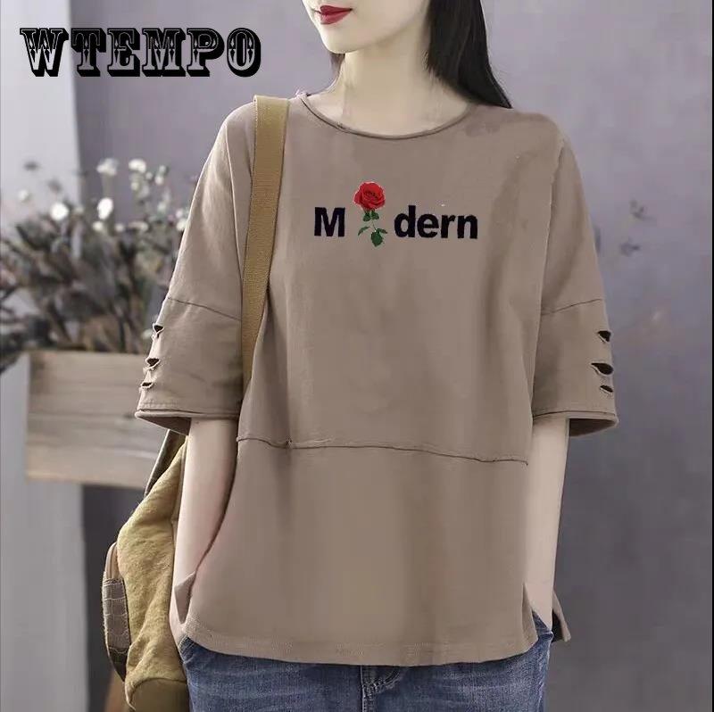 Große, mit Blumen bedruckte T-Shirts, kurzärmelige Pullover-Oberteile für Damen, lässige Baumwolle, solide Hemden für den Sommer