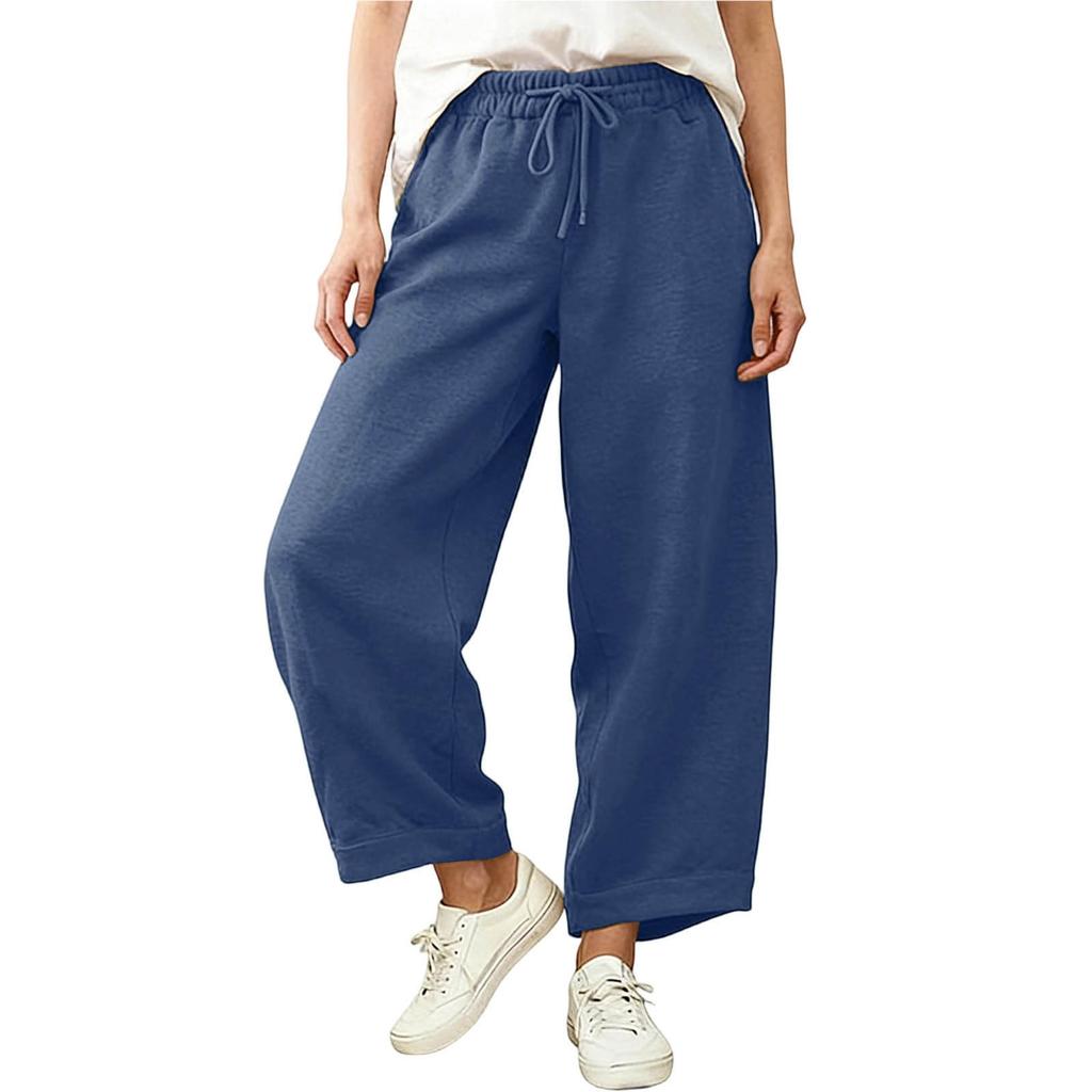 Pantaloni Larghi Casual in Lino da Donna Vita Elastica Versatili Business Casual Lavoro Pantaloni Palazzo con Tasche