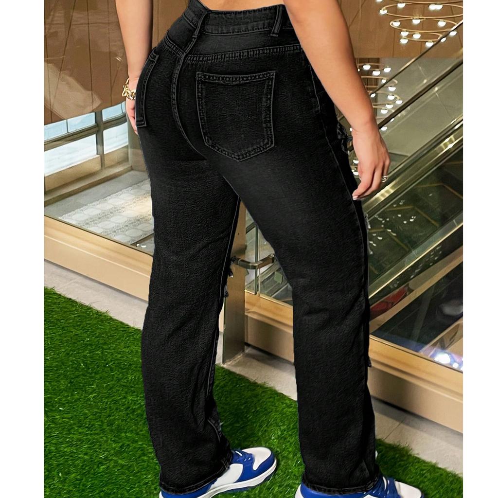 Damen Jeans mit hoher Taille und gewaschener Optik, modische, vielseitige Hose mit geradem Bein