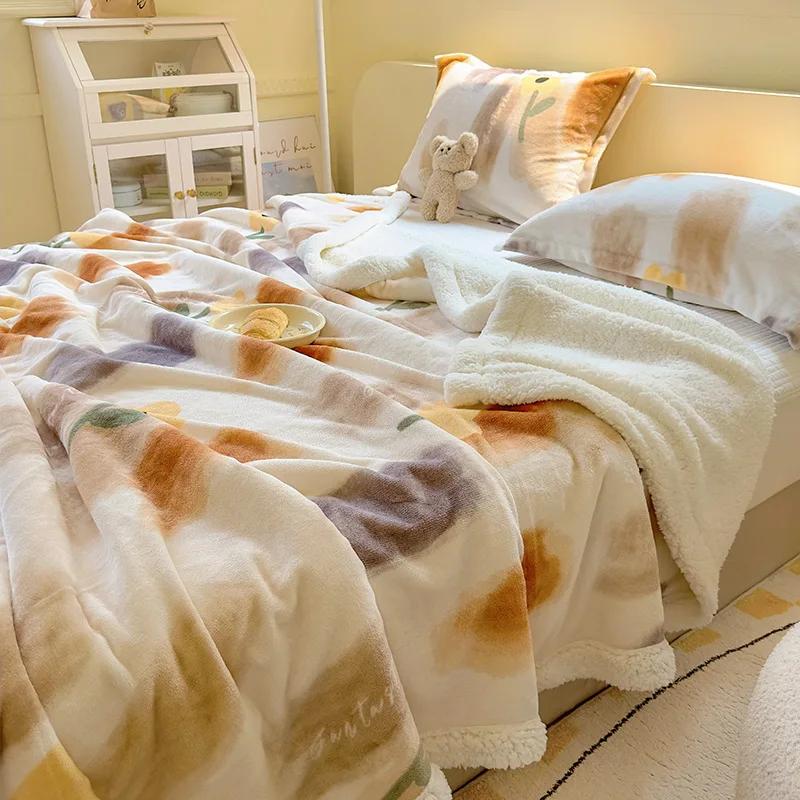 Winter Cartoon Printed Lamb Wool Blanket Thick and Warm Coral Fleece Blanket for Office Napping Fluffy Soft Plush Bedspread