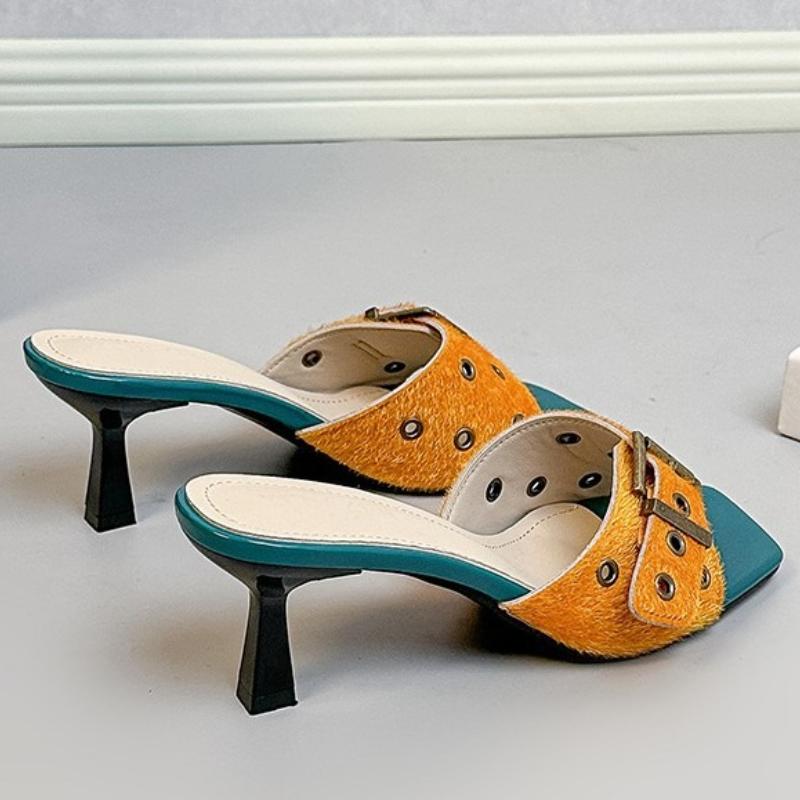 Fashion High Quality Faux Fur High Heel Slippers Women Fashion Mixed Color Square Toe Buckle Slide Slippers Comfort Brand Designer Shoes