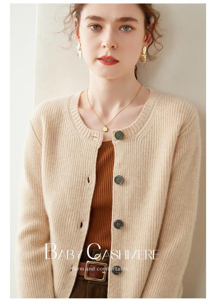 2024 Women's Cashmere Ribbed Round Neck Loose Knit Cardigan Sweater for Autumn/Winter