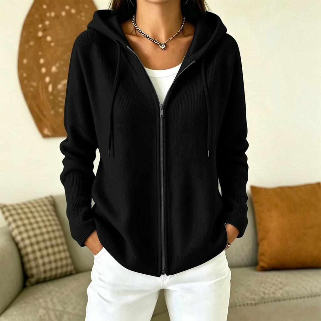 Damen Kapuzen-Strickjacke mit Reißverschluss Lockerer Schnitt Langarm Strickpullover Jacke für Herbst Winter