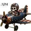 Hand Painted Outdoor Sculpture Metal Skeleton Pilot Airplane Wind Spinner with Ground Stake, Vintage American Flag Garden Yard Art for Rustic