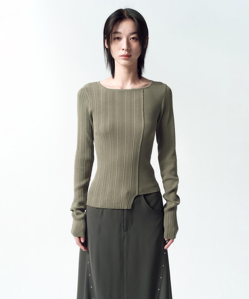 INSILENCE WOMEN Asymmetrical Mixed Knit Light Khaki