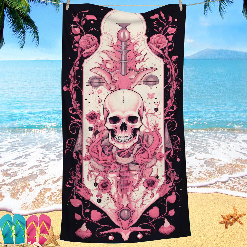 Pink Skull Collection Digital-printed Polyester Superfine Fiber Double-sided Fleece Beach Vacation Bath Towel, Beach Towel