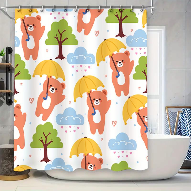 

Adorable Bear Umbrella Shower Curtain Set For Bathroom Decor Multicolor Pattern With Trees Clouds – Made From Durable Fabric Mat W60H190(CM)-1 Pcs