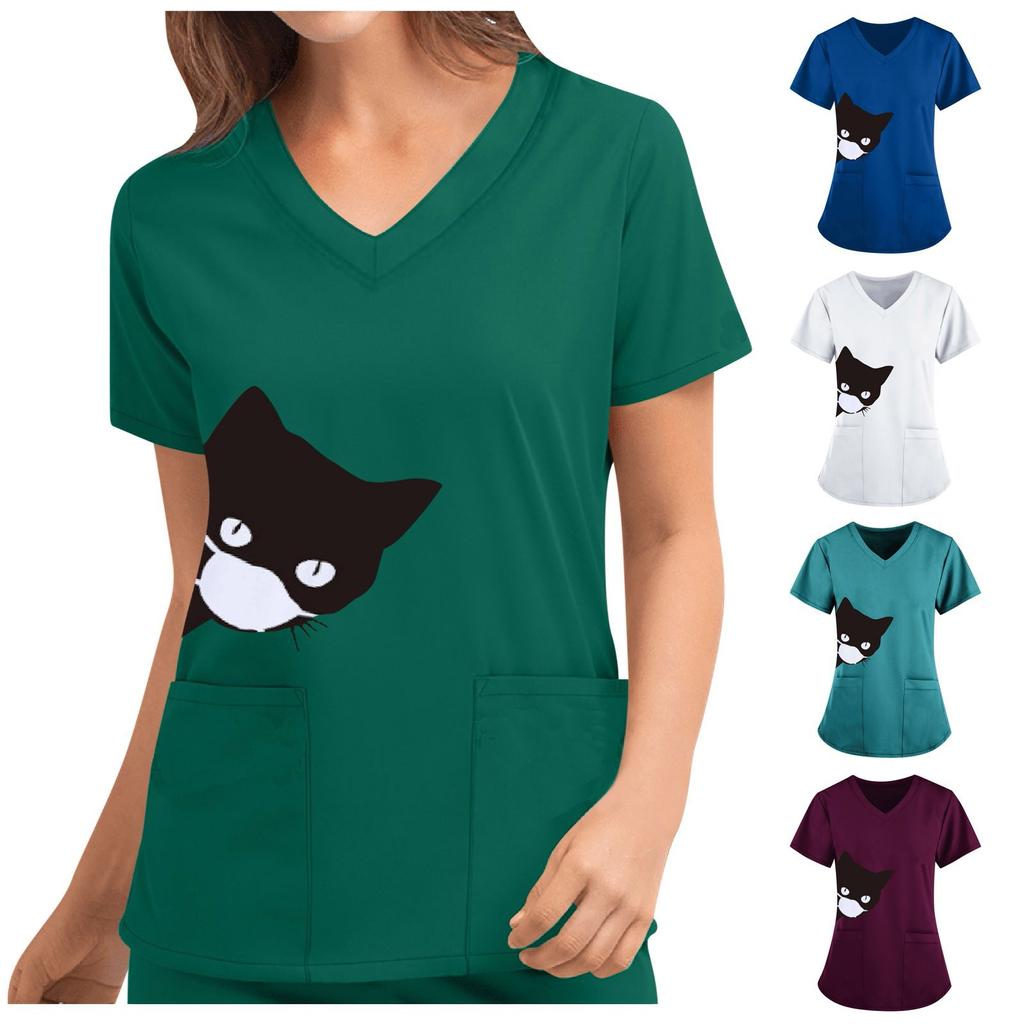 Women's Cute Print Short Sleeve V-neck Top Work  Solid Color Pocket Top