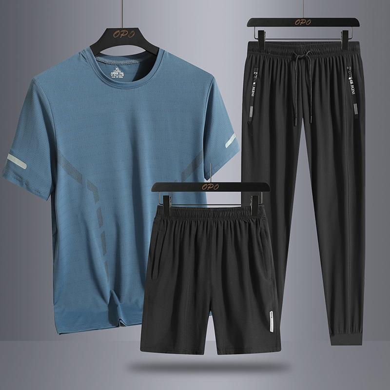 Men's Summer Simple Ice Silk Trendy Personalized Three Piece Set with Round Neck T-shirt Shorts Pants Loose Sports Set