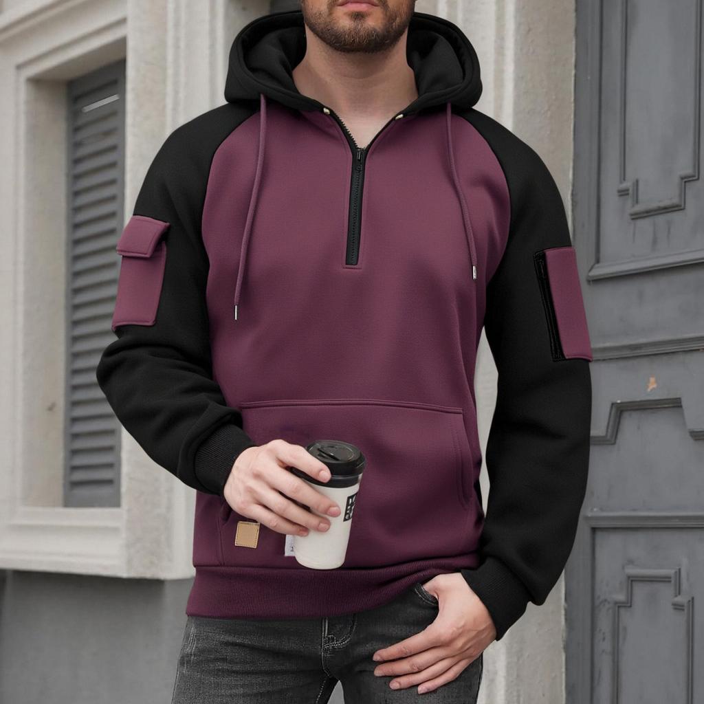 Mens  Pullover Long Sleeve Hoodies Color Block Sweatshirt Fashion Hoodies With Pockets