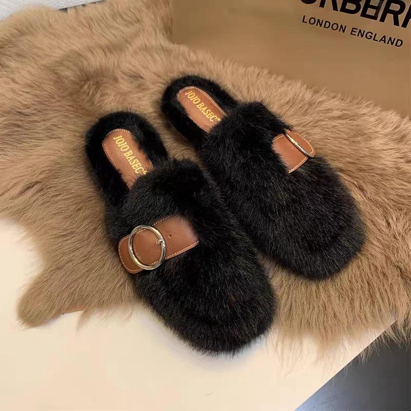 

Пушистые тапочки женские носят осенью и зимой кролик плюшевые домашние тапочки с закрытым носком из хлопка 40 чёрный