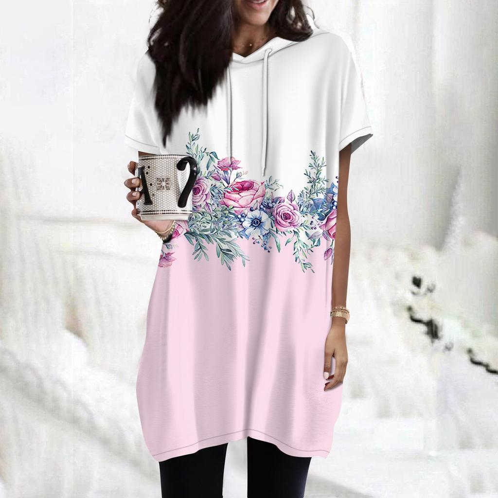 Women's Hoodies Casual Short Sleeve Shirts Fashion Print Tunic Tops With Pockets